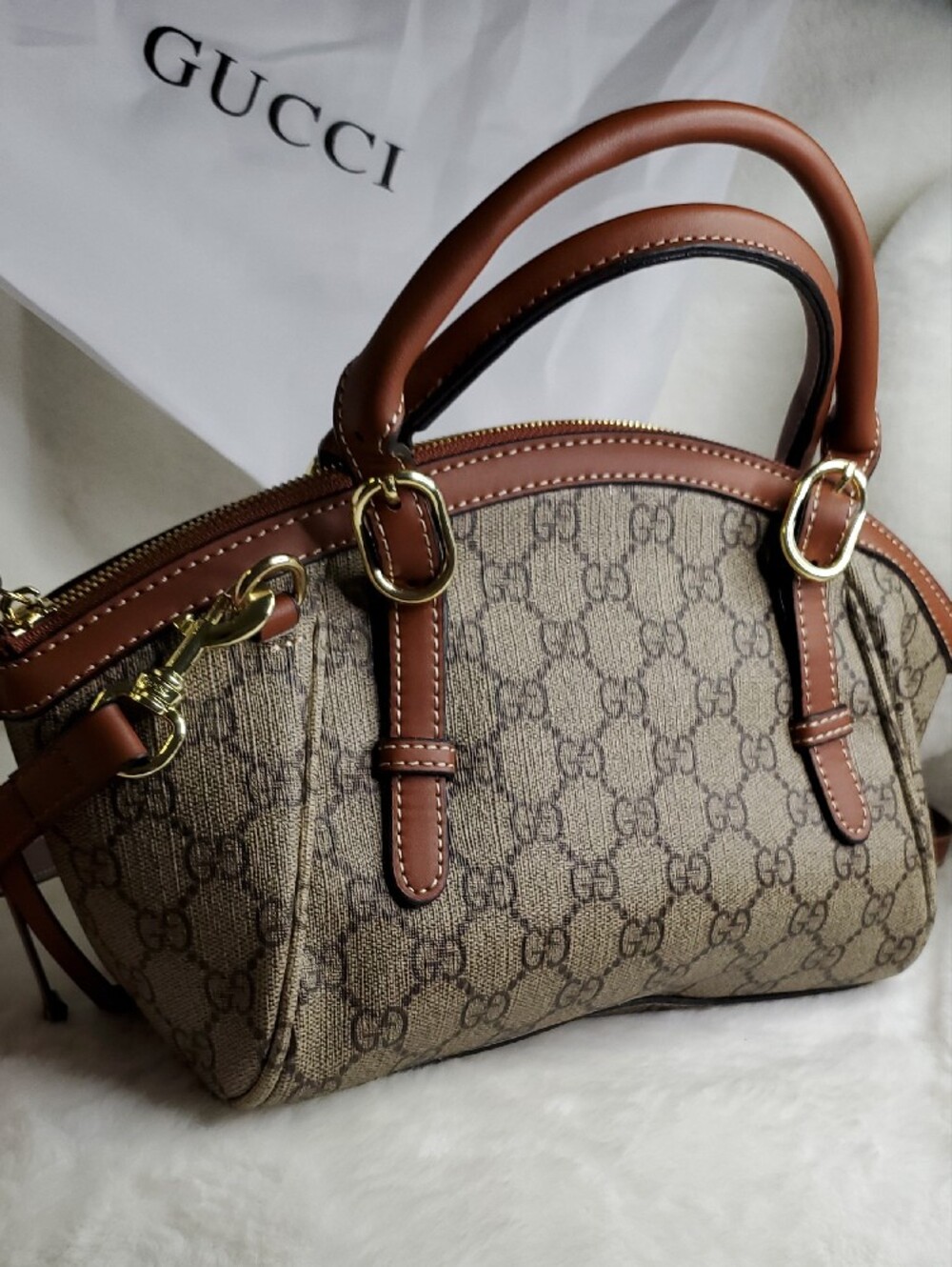 GG Collection Brown GG Monogram Crossbody Satchel with Tan Trim - Picture 6 of 11